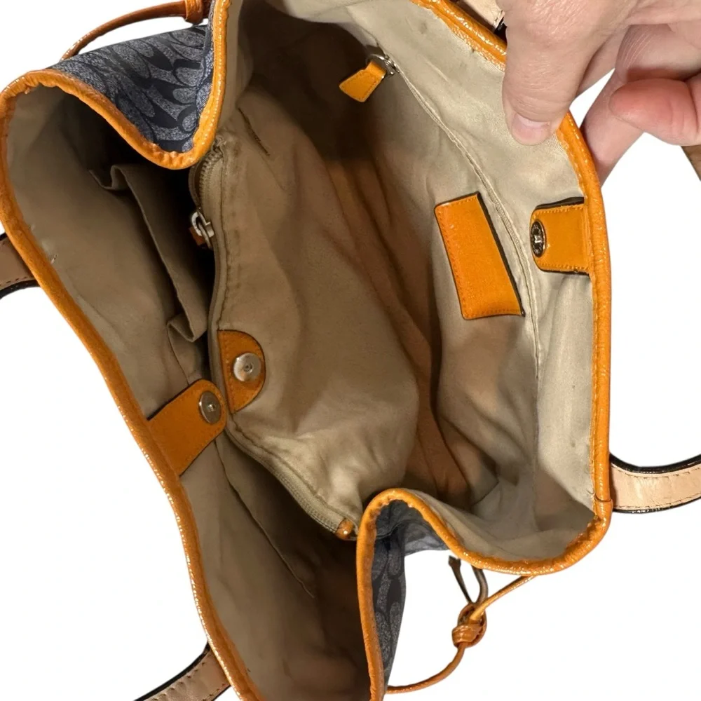 COACH Signature Coated Canvas Drawstring Carryall Bag Denim Blue & Orange Detail - Picture 6 of 14